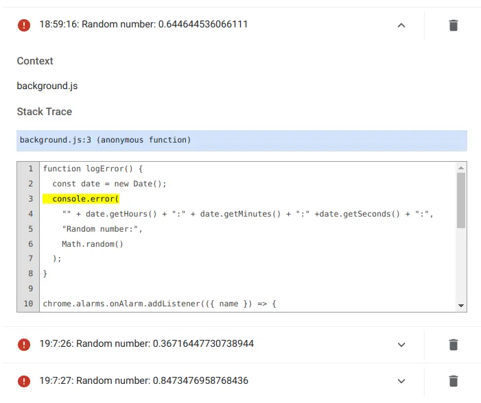 Screenshot of manually logged errors.