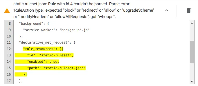 Screenshot of an example static rule error.