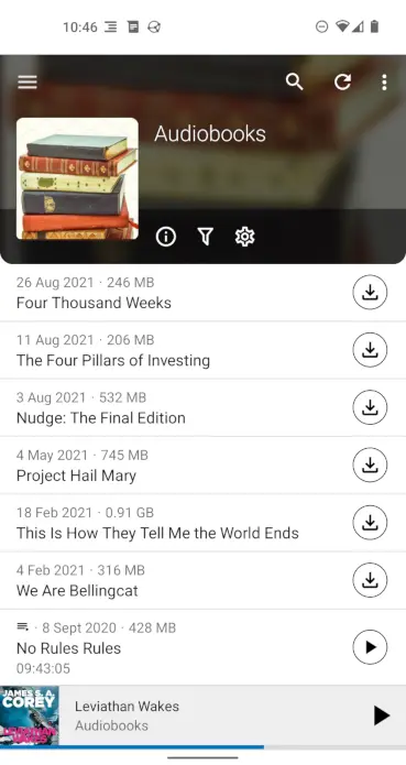 Screenshot of audiobooks feed displayed by AntennaPod.