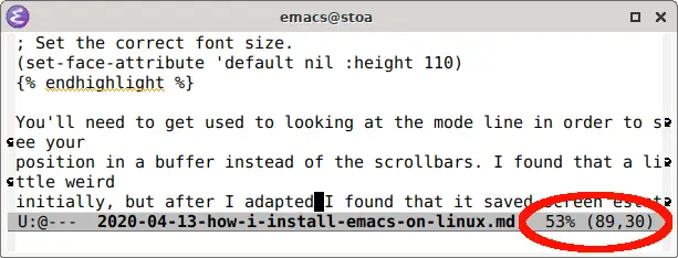 Screenshot of Emacs illustrating where the position information is shown